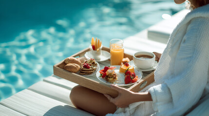 Close-up of a young woman enjoying a beautifully arranged breakfast tray beside a serene swimming pool