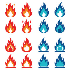 Collection of Fire and Flame Icons in Red and Blue Color