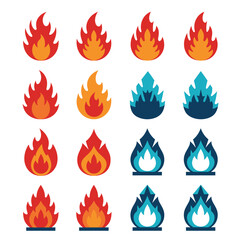 Collection of Fire and Ice Flame Icons in Various Styles and Colors