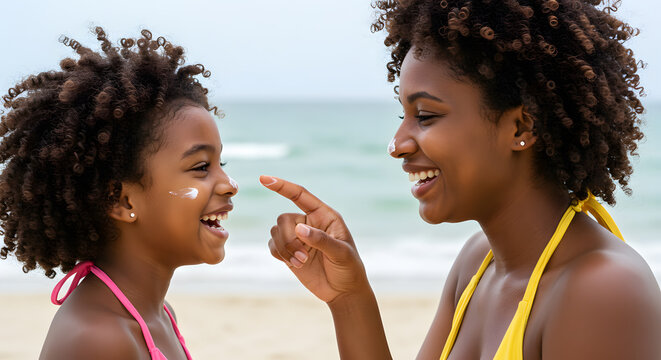Young mother applying protective sunscreen on daughter nose at beach with copy space. Black woman hand putting sun lotion on female child face. African american cute little girl with sunblock cream.