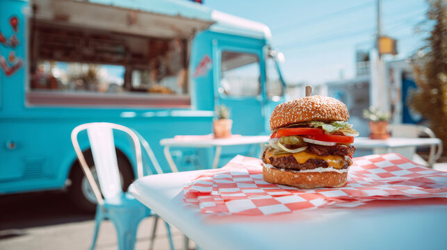 Gourmet burger in checkered paper on a white table, set against the backdrop of a blue food truck--classic street food vibe