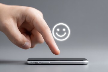 customer service engagement personalization, A hand interacting with a smartphone displaying a floating smiley face icon.