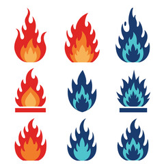 Nine Colorful Flat Fire Flame Icons Set