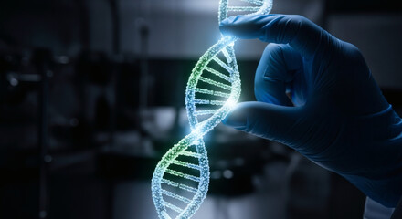 Scientist's hand holding a glowing DNA double helix. Concept of genetic engineering, biotechnology, and futuristic science research.