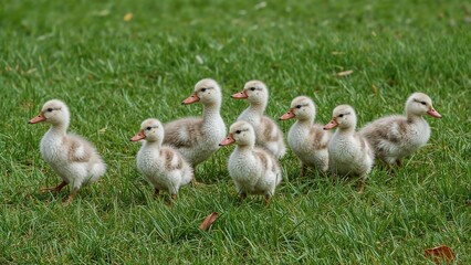 Obraz premium A flock of ducklings moving along a green pasture