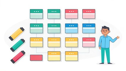 Man presenting a colorful visual representation of a project or schedule