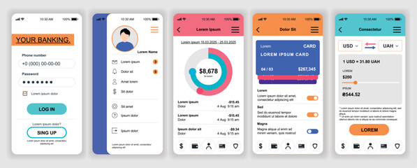 Banking mobile app interface templates set. Web design kit with phone display, account, financial balance, statistic, money transaction. Pack of UI, UX, GUI screens for application. Vector design.