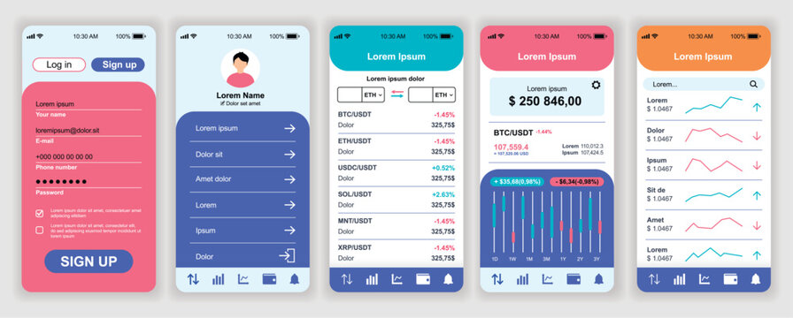 Cryptocurrency mobile app interface templates set. Web design kit with phone display, account, money balance, trade data, statistics chart. Pack of UI, UX, GUI screens for application. Vector design.