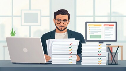 Focused businessman reviewing stacks of documents at his desk with a laptop