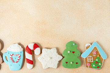 Gingerbread cookies with icing decoration. Christmas food. Baking tradition festive treat. Top view...