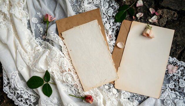 Vintage paper sheets, lace, roses, on fabric - Powered by Adobe