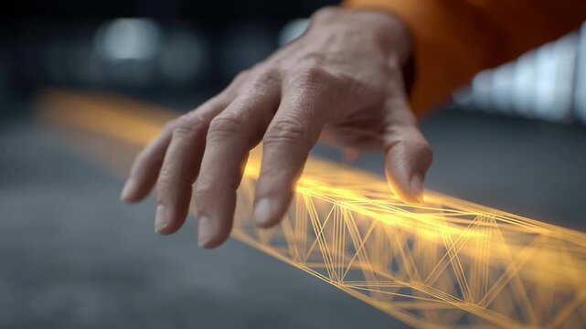 Digital twin technology construction features hand interacting with glowing structural model enhancing project visualization and control with