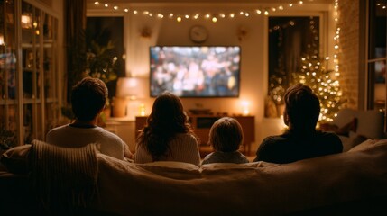 Family Sitting Together on Couch in Cozy Living Room Enjoying Movie Night with Soft Lights and Festive Atmosphere