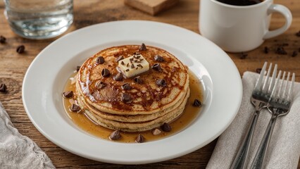 Plate filled with pancakes for morning meal