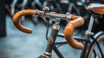 Vintage bicycle handlebar detail tan leather grips metallic accents close up