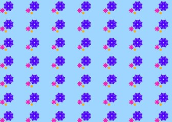 Patterned design with blue, pink, and yellow flowers on a light blue background. 