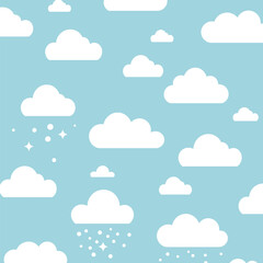 White clouds are scattered on a blue background
