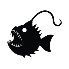 Black silhouette of an anglerfish with a prominent lure, jagged teeth