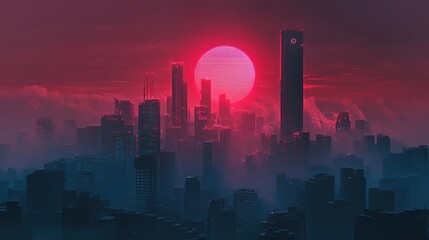 Futuristic cityscape silhouette at vibrant red sunset sleek skyscrapers hazy atmosphere