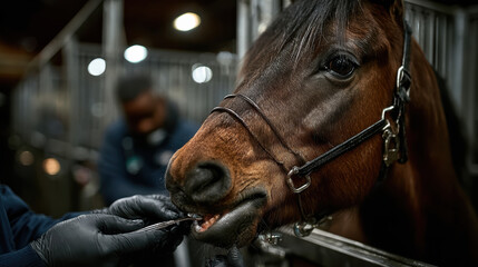 Photorealistic depiction of horse care and veterinary procedures