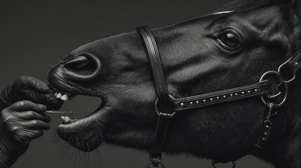 Photorealistic depiction of horse care and veterinary procedures