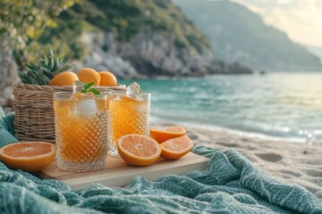 Two glasses of cocktails with oranges on a plaid. Drinks on a wooden board on seashore.