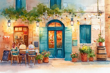 vibrant watercolor painting of a traditional European street cafe at sunset, cozy lighting, people chatting, flowers on tables, romantic ambiance