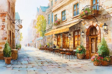 vibrant watercolor painting of a traditional European street cafe at sunset, cozy lighting, people chatting, flowers on tables, romantic ambiance
