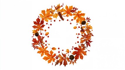 Anime-inspired round arrangement featuring fall leaves, berries, nuts, and cones against a clean white background.