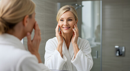 Fototapeta premium Gorgeous mid age adult 50 years old blonde woman standing in bathroom after shower touching face, looking at reflection in mirror smiling doing morning beauty routine. Older dry skin care concept.