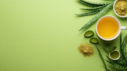 Herbal tea aloe vera and powder health and wellness flatlay