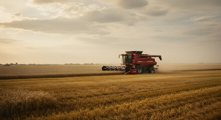 Obraz premium Combine Harvester Harvesting Wheat Field at Sunset high quality