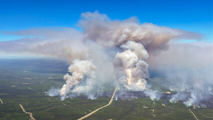 Aerial view of massive wildfire smoke plume over forest landscape