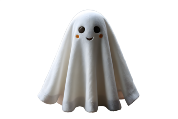 A cute and friendly ghost character made of white fabric with a happy smile sits against a transparent background