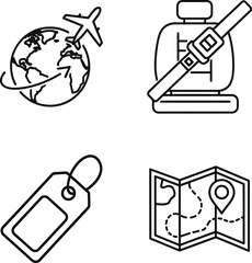 Fototapeta premium Travel themed line art icons including map and luggage tag, Travel, airplane, and globe represent international travel destinations