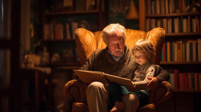 Grandfather sitting in an armchair telling a story to a small grandchild sitting on his knee, warm ambient lighting, bookshelf in background, storytelling moment full of love 