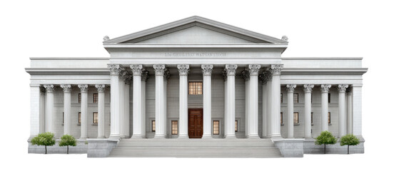 Obraz premium A grand neoclassical building with tall Corinthian columns, a triangular pediment, and symmetrical windows flanking a large central wooden door.