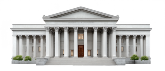 A grand neoclassical building with tall Corinthian columns, a triangular pediment, and symmetrical windows flanking a large central wooden door.