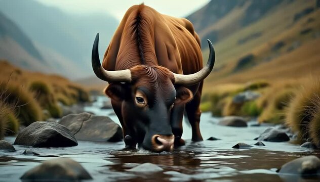 Aurochs drinking water from a riverbed