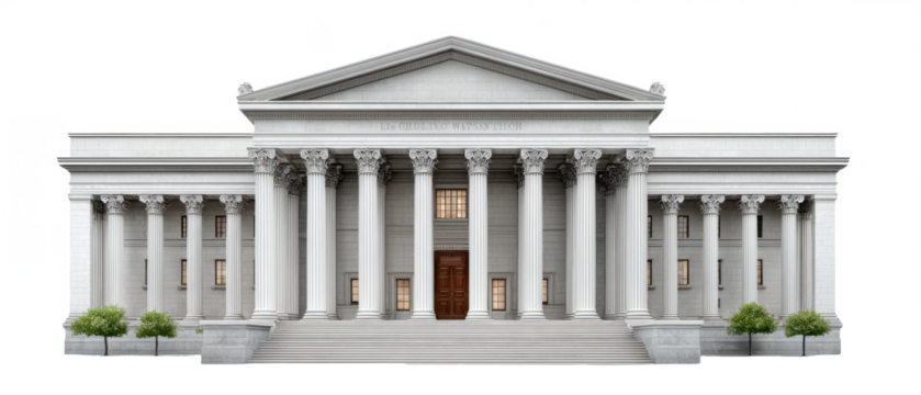 A grand neoclassical building with tall Corinthian columns, a triangular pediment, and symmetrical windows flanking a large central wooden door.