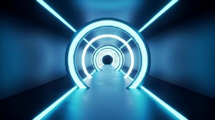 Abstract futuristic tunnel background with glowing blue neon lights. Sci-fi corridor concept for technology and virtual reality. - Powered by Adobe