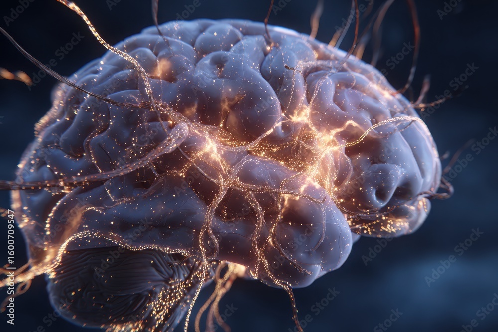 Poster brain rendering shows intricate nerve pathways with glowing nodes on a dark background