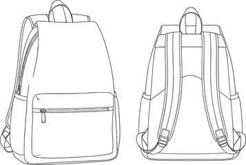 Minimalist backpack flat technical drawing, front and back view, zipper pocket design, fashion bag sketch, adjustable padded shoulder straps