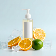 White, isolated plastic bottle of orange juice with lemon and lime for hygiene and body care