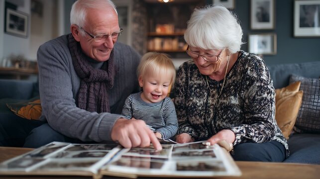 Grandparents flipping through an old photo album with their grandchild, pointing and laughing together, nostalgic and loving atmosphere, cherished memories 