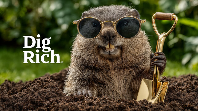 Cute marmot in the garden with a shovel and sunglasses.