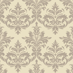 Elegant damask pattern in beige and gray creates a vintage wallpaper