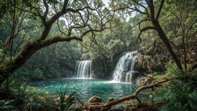 Scenic waterfalls with transparent water nestled in verdant forest landscape