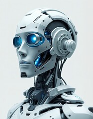 A hyper-realistic humanoid figure composed entirely of advanced artificial intelligence and mechanical components. The face mimics human structure using smooth titanium plates, micro-servo motors.