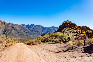 Vast and rugged desert landscape with a dusty road leading into the distant mountains of the Argentine Andes.